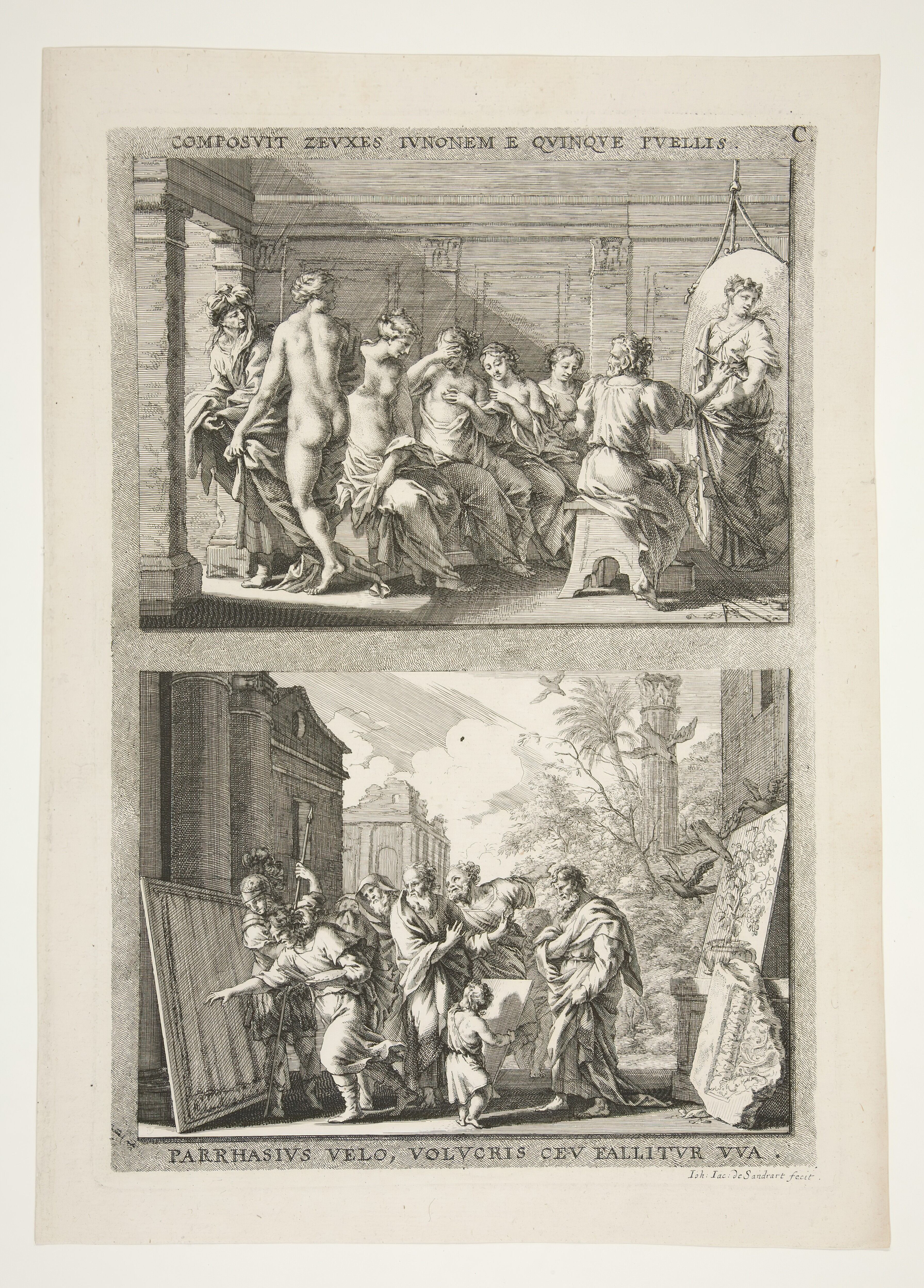 En la parte inferior de esta estampa, el grabador alemán Joachim von Sandrart ilustra el duelo entre Zeuxis y Parrasio.