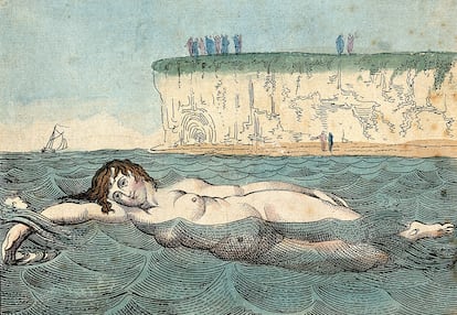 Ilustración de una mujer nadando en la costa inglesa hacia 1800.