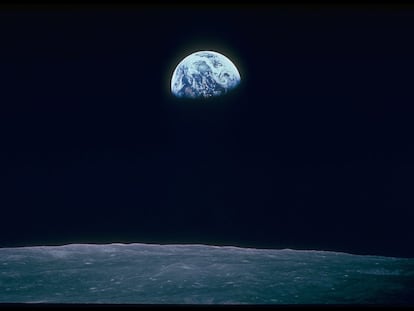 View of Earth taken from 'Apollo 8' with the curve of the Moon in the foreground.