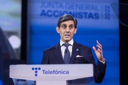 El presidente de Telefónica, José María Álvarez-Pallete, durante la Junta General de Accionistas 2022 celebrada en abril.