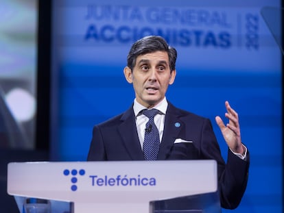 El presidente de Telefónica, José María Álvarez-Pallete, durante la Junta General de Accionistas 2022 celebrada en abril.
