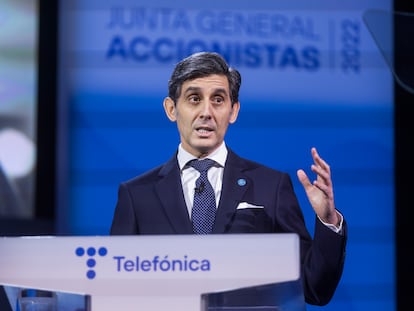 José María Álvarez-Pallete, durante la Junta General de Accionistas 2022, celebrada este viernes en Madrid.