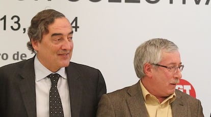 Juan Rosell, presidente de CEOE, (izquierda) e Ignacio Fern&aacute;ndez Toxo, secretario general de CC OO. 