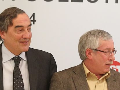 Juan Rosell, presidente de CEOE, (izquierda) e Ignacio Fern&aacute;ndez Toxo, secretario general de CC OO. 
