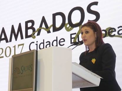 Fátima Abal, en la presentación de Cambados como ciudad europea del vino en el pabellón de Galicia de la Feria Internacional de Turismo.