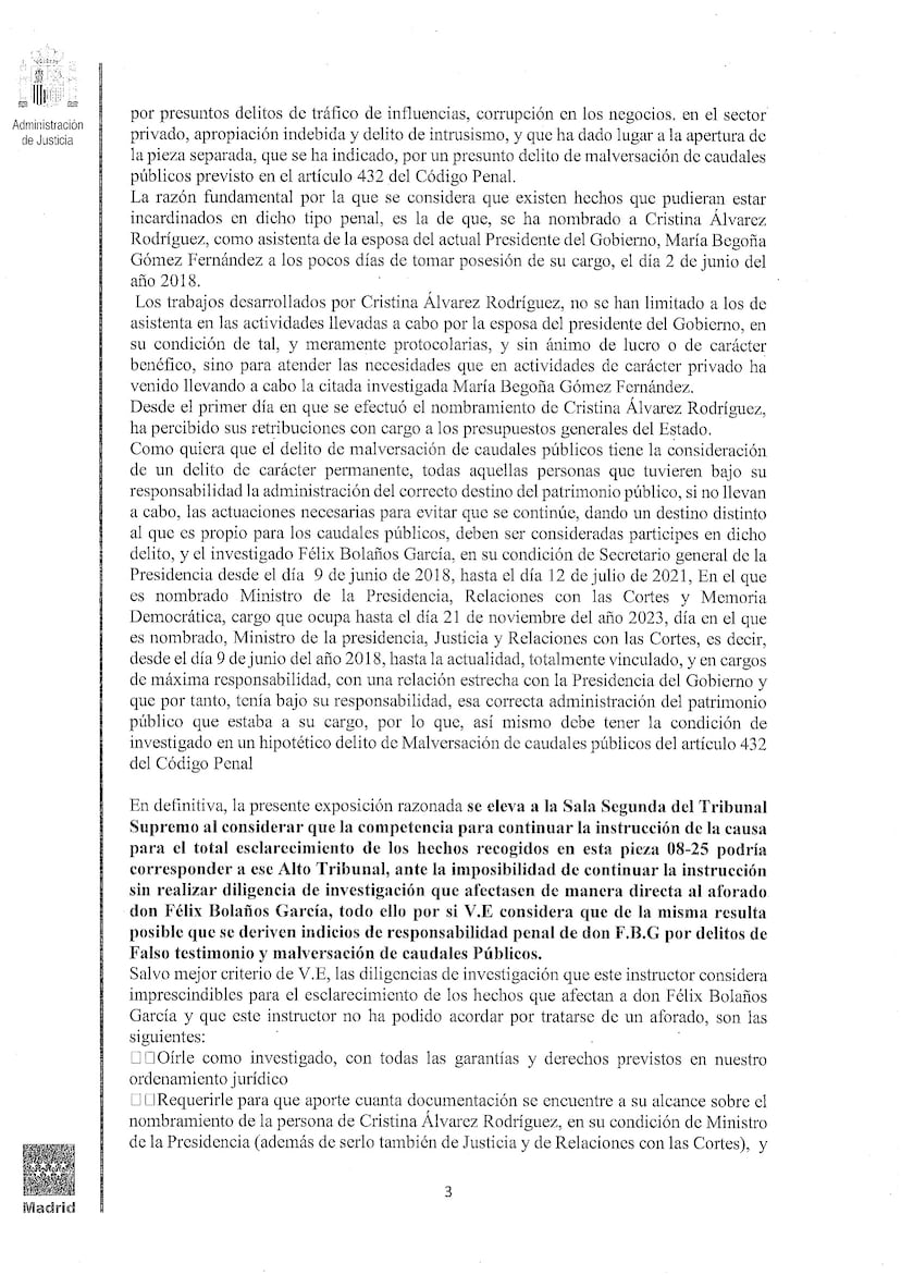 El juez Peinado pide al Supremo imputar a Bolaños por malversación y ...