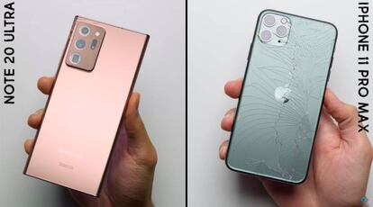 Samsung Galaxy Note 20 Ultra vs iPhone 11 Pro Max en prueba de caída