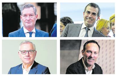 De izquierda a derecha y de arriba abajo: Jaume Miquel, presidente ejecutivo de Tendam, Jordi Gallés, presidente de Europastry, Marc Puig, presidente y CEO de Puig, y Nicolas Huss, CEO de Holtelbeds