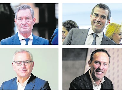 De izquierda a derecha y de arriba abajo: Jaume Miquel, presidente ejecutivo de Tendam, Jordi Gallés, presidente de Europastry, Marc Puig, presidente y CEO de Puig, y  Nicolas Huss, CEO de Holtelbeds