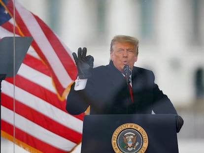 Donald Trump gestures as he speaks during a rally to contest the certification of the 2020 U.S. presidential election results by the U.S. Congress, in Washington, U.S, January 6, 2021.