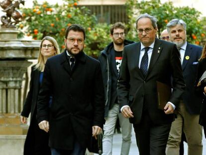 Quim Torra, Pere Aragonès y Meritxell Budo, este miércoles en el Palau de la Generalitat.