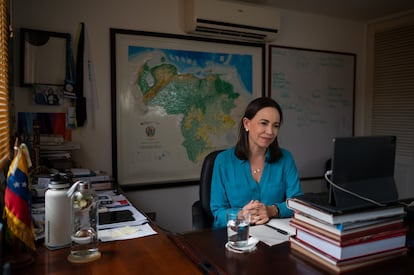 María Corina Machado durante una entrevista con EL PAÍS por Zoom, en Caracas, el pasado 6 de julio.