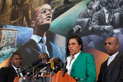 Ilyasah Shabazz, a daughter of Malcolm X, second from right, speaks during a news conference at the Malcolm X & Dr. Betty Shabazz Memorial and Educational Center in New York, Tuesday, Feb. 21, 2023.