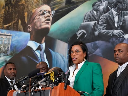 Ilyasah Shabazz, a daughter of Malcolm X, second from right, speaks during a news conference at the Malcolm X & Dr. Betty Shabazz Memorial and Educational Center in New York, Tuesday, Feb. 21, 2023.