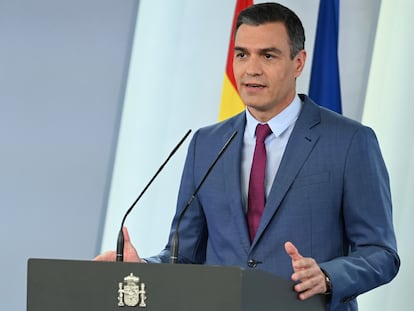 Pedro Sánchez, durante su comparecencia en La Moncloa este sábado.