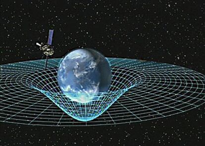 Ilustración de la sonda <i>Gravity Probe B</i> en el espacio-tiempo curvo alrededor de la Tierra.