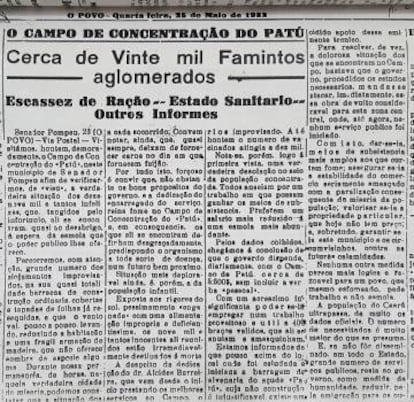 Jornal 'O Povo' de maio de 1932 destacava as condições dos migrantes no 'campo' de Senador Pompeu. 