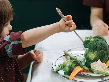 Un niño juega con el brócoli que hay en su plato.