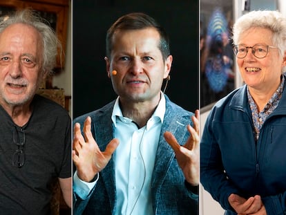 This combo of pictures taken Tuesday, Oct. 3, 2023, shows from left, French scientist Pierre Agostini posing in his apartment in Paris, Scientist Ferenc Krausz speaking during a presentation at the Max-Plank-Institute of Quantum Optics in Munich, and French-Swedish physicist Anne L'Huillier talking to journalists at Lund University, Sweden. The three scientists won the Nobel Prize in physics on Tuesday for studying how electrons zip around the atom in the tiniest fractions of seconds, a field that could one day lead to better electronics or disease diagnoses. (AP Photo/Michel Euler, Matthias Schrader and Ola Torkelsson/TT News Agency via AP)