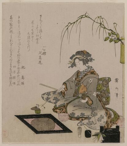 Mujer realizando la ceremonia del té, Kikukawa Eizan, c. 1820. Ilustración incluida en 'Los cien poemas del arte del té', cedida por la editorial Satori.

