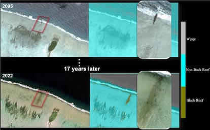 Columna izquierda: Imágenes de Google Earth del arrecife Kwajalein de 2005 y 2022, con la ubicación de un naufragio de la Segunda Guerra Mundial marcado con un rectángulo rojo. Columna derecha: Imágenes segmentadas correspondientes y vistas ampliadas de Google Earth del lugar del naufragio.