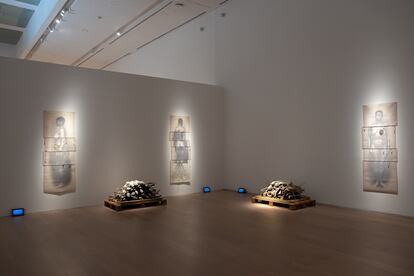 A room with pieces from Rosana Paulino's 'Amefricana' exhibition at the MALBA museum in Buenos Aires.