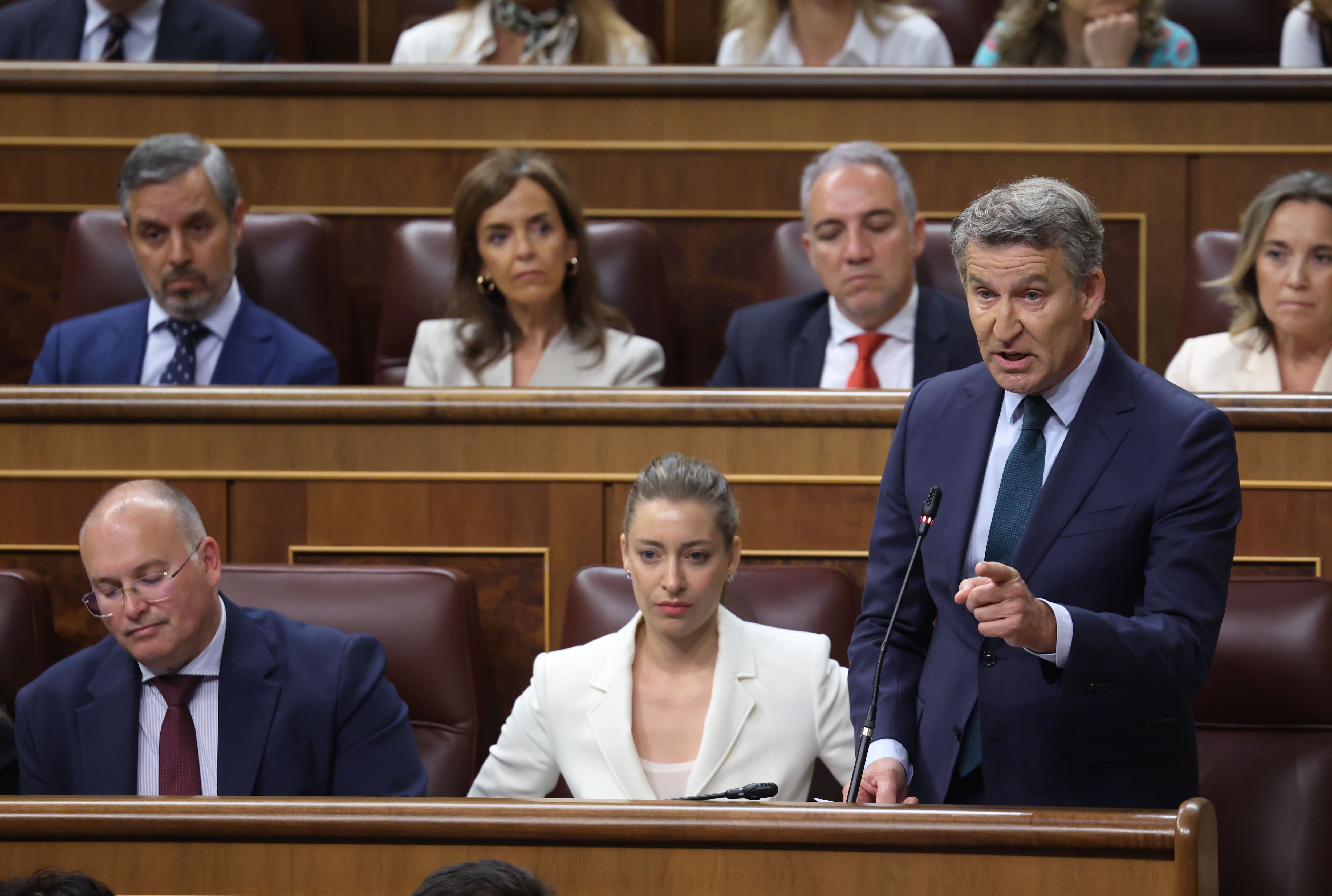El líder del PP, Alberto Núñez Feijóo, este miércoles durante la sesión de control al Gobierno. 