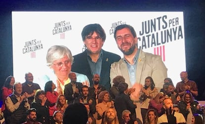 Clara Ponsatí, Carles Puigdemont y Toni Comín, en videoconferencia, tras conocerse los resultados de las elecciones europeas.