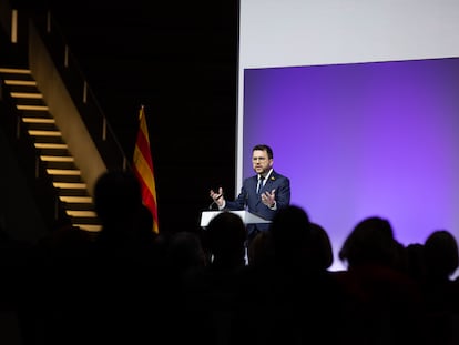 El presidente de la Generalitat, Pere Aragonès, durante la conferencia en el Museo Nacional d’Art de Catalunya (MNAC).