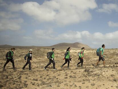 Miembros y voluntarios de la ONG WWF recogen plásticos llegados a través del mar, en la costa de La Graciosa.