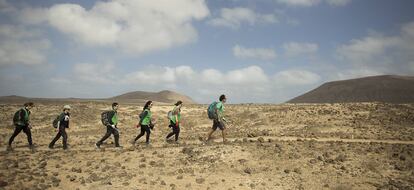 Miembros y voluntarios de la ONG WWF recogen plásticos llegados a través del mar, en la costa de La Graciosa.