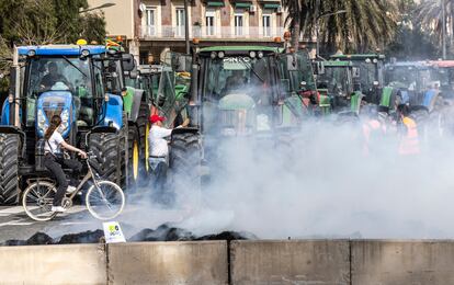 Cientos de tractores han protestado hoy en el puerto de Valencia contra las políticas de la Unión Europea. 