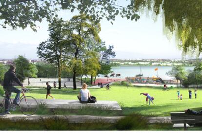 Propuesta de Yves Lion, de un parque de escala metropolitana en torno a los estanques de Grigny, París.