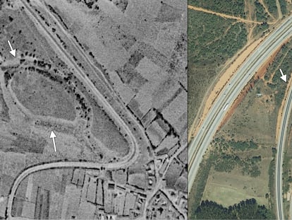 Castro de Pradorrey, antes y después de su destrucción por la carretera Nacional VI y una gravera que lo vació completamente.