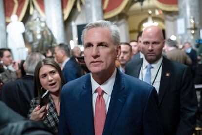 Speaker of the House Kevin McCarthy, R-Calif., leaves the House Chamber after President Joe Biden's State of the Union address to a joint session of Congress at the Capitol, Feb. 7, 2023, in Washington.