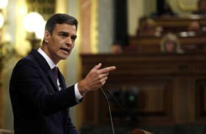 El jefe del Ejecutivo, Pedro Sánchez, durante su comparecencia a petición propia en el Congreso.