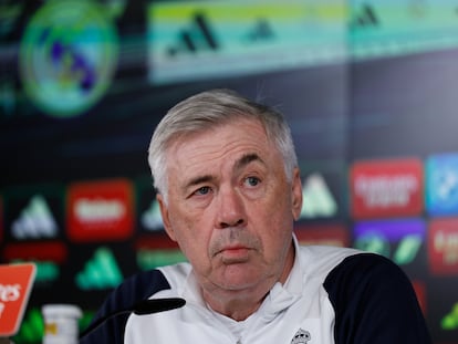 Carlo Ancelotti, en la rueda de prensa de este martes en Valdebebas.