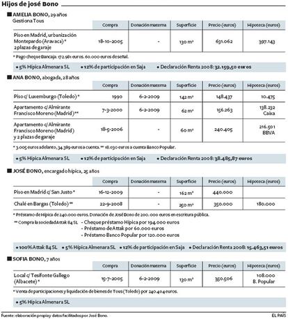 Relación de propiedades de los cuatro hijos del presidente del Congreso, José Bono.