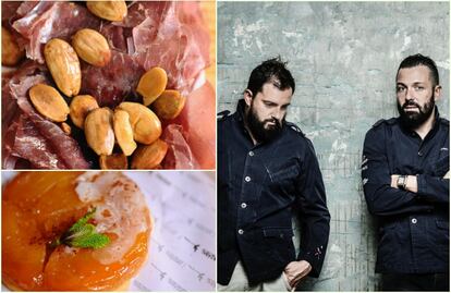 Cecina de León (izquierda superior) y postre tatin de manzana (izquierda inferior) e Iván Morales y Alvaro Castellanos de Arzábal.