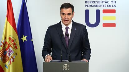 Pedro Sánchez, durante una rueda de prensa en Bruselas tras participar en una reunión del Consejo Europeo.