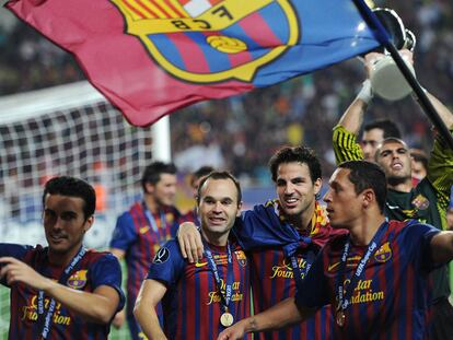 Pedro, Iniesta, Cesc y Adriano (de izquierda a derecha), tras batir al Oporto.