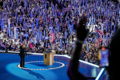 Democratic presidential nominee Vice President Kamala Harris speaks during the Democratic National Convention on Thursday, Aug. 22, 2024, in Chicago.