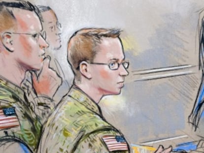 Interpretación artística del soldado estadounidense Bradley Manning, durante la primera audiencia judicial.