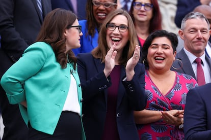 U.S. Representative-elect Sarah McBride reacts as newly-elected members of the U.S. Congress pose for a photo on the steps of the U.S. Capitol in Washington, U.S., November 15, 2024