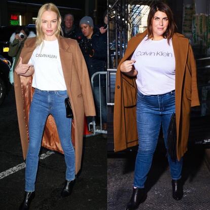 Abrigo marrón, camiseta con logo y vaquero: al sencillo y efectivo estilismo de la actriz Kate Bosworth no le faltan, en la imitación de Sturino, ni las vallas neoyorquinas.