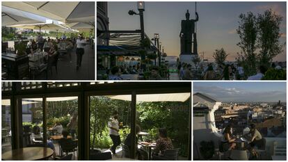 Arriba, terraza de Café del Río y la del Círculo de Bellas Artes (derecha). Abajo, Bosco de Lobos y azotea del Picalagartos.