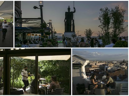 Arriba, terraza de Café del Río y la del Círculo de Bellas Artes (derecha). Abajo, Bosco de Lobos y azotea del Picalagartos.