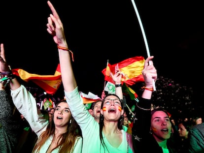 Varias jóvenes celebraban los resultados electorales de Vox, en abril de 2019 en Madrid.