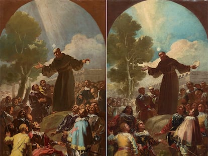 A la izquierda, el primer boceto preparatorio de 'La predicación de San Bernardino de Siena', de Goya. A la derecha, el segundo borrador.  Colección Tatiana Pérez de Guzmán el Bueno.