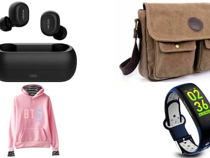 De izquierda a derecha y de arriba a abajo: Auriculares inalámbricos Xiaomi T1C, bandolera de estilo 'casual', sudadera BTS con capucha y reloj inteligente Q6s Lemfo impermeable.